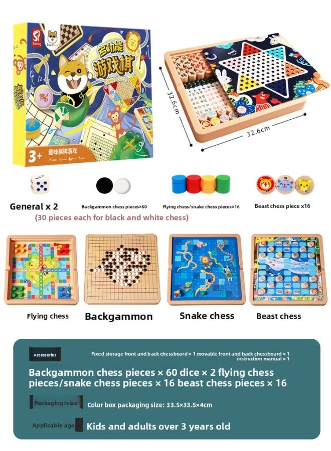 All-In-One Checkers, Flying Chess, Backgammon, Beast Chess Game, Children's Student Wooden Toys